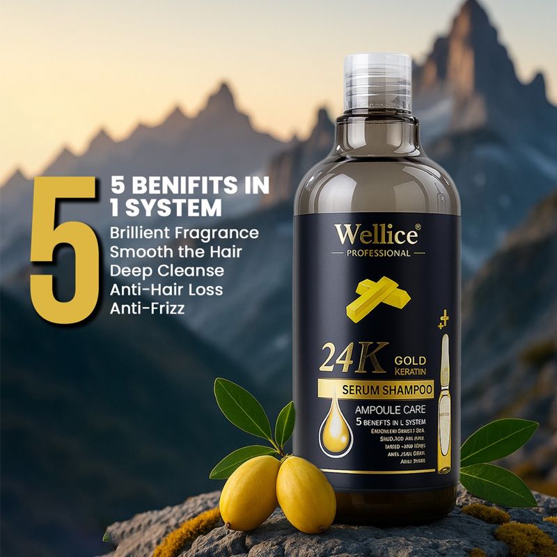 Original Wellice 24k Gold Keratin Serum Shampoo. Brillient Fragrance. Smooth The Hair. Deep Cleanse. Anti Hair Loss. Anti Frizz