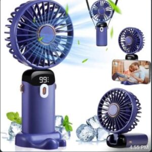 Foldable USB Neck Hanging Fan 5 Speed USB Fan Led Display Screen Rechargeable With Phone Stand