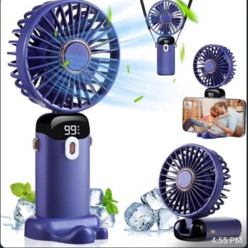 Foldable USB Neck Hanging Fan 5 Speed USB Fan Led Display Screen Rechargeable With Phone Stand